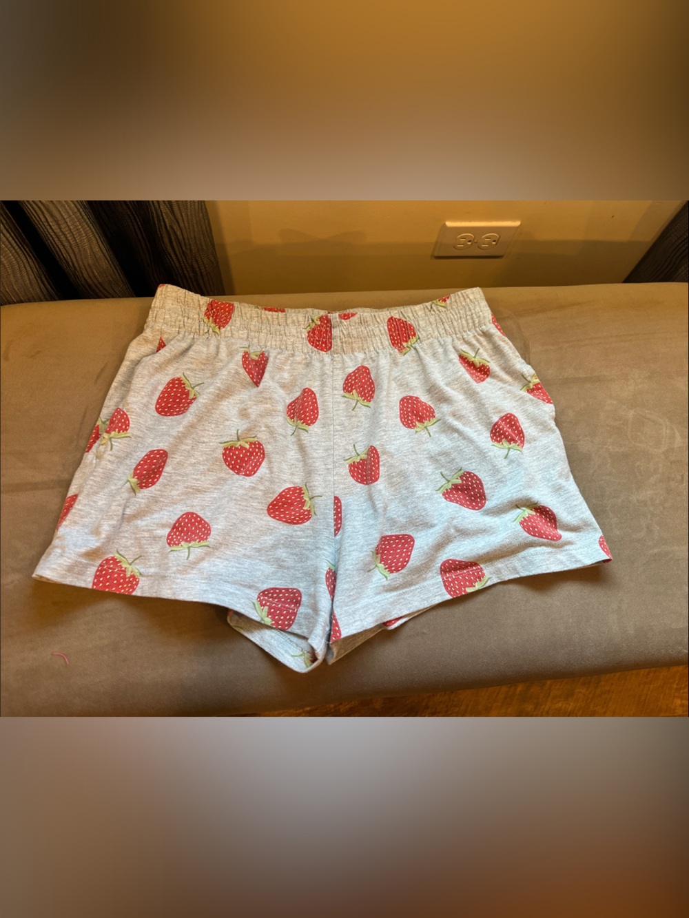 Girls' Strawberry Print Pajama Shorts - Gray and Red Large. 12-14